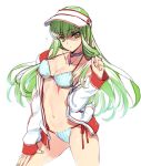  1girl bikini breasts c.c. cleavage code_geass collarbone cowboy_shot creayus detached_collar eyebrows_visible_through_hair gem gluteal_fold green_hair hair_twirling hand_on_own_thigh hat jacket legs_apart long_hair long_sleeves looking_at_viewer medium_breasts navel open_clothes open_jacket scar side-tie_bikini simple_background sketch solo standing stomach striped swimsuit track_jacket tsurime vertical-striped_bikini vertical_stripes very_long_hair visor_cap white_background white_jacket yellow_eyes 