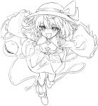  1girl :d absurdres bangs blush bow eyebrows_visible_through_hair fangs full_body greyscale hair_between_eyes hat hat_bow highres komeiji_koishi looking_at_viewer manarou monochrome open_mouth short_hair simple_background skirt smile solo third_eye touhou white_background wide_sleeves 