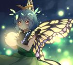  1girl antennae bare_arms blue_hair brown_eyes butterfly_wings caramell0501 dress eternity_larva eyebrows_visible_through_hair green_dress holding looking_at_viewer solo touhou wings 