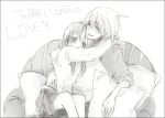  00s 1boy 1girl blush couch couple head_tilt hug katsura_miya long_sleeves looking_at_viewer maka_albarn monochrome simple_background soul_eater soul_eater_(character) tareme white_background 