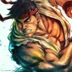  1boy black_hair capcom dougi fighting_stance grey_eyes headband kuroneco male_focus muscle parted_lips ryuu_(street_fighter) solo standing street_fighter 