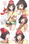  2girls ;d ^_^ ^o^ arm_behind_head arm_up bag beanie black_eyes blush brown_hair chibi_inset closed_eyes closed_mouth eating facing_viewer floating floral_print flying_sweatdrops food green_shorts happy hat highres holding holding_food legs_crossed looking_at_viewer mizuki_(pokemon_sm) motion_lines multiple_girls multiple_views no_hat no_headwear one_eye_closed open_mouth outstretched_arm pokemon pokemon_(game) pokemon_sm print_shirt profile red_hat rotom_dex round_teeth sanpaku shirt short_hair short_shorts short_sleeves shorts shoulder_bag simple_background smile sparkle standing surprised tareme teeth thought_bubble translation_request unapoppo upper_body white_background wrapper 