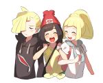  1boy 2girls arm_hug backpack bag beanie black_hair blonde_hair brother_and_sister closed_eyes gladio_(pokemon) hair_over_one_eye hat hood hoodie lillie_(pokemon) long_hair long_sleeves mizuki_(pokemon_sm) multiple_girls open_mouth pokemon pokemon_(game) pokemon_sm ponytail red_hat shirt short_hair short_sleeves siblings simple_background tied_shirt torn_clothes unapoppo white_background white_shirt z-ring 