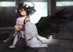  1girl :o arms_at_sides backlighting bangs black_hair black_wings door feathered_wings full_body futatsuki_eru hair_between_eyes hat highres indoors japanese_clothes kimono loincloth long_sleeves looking_at_viewer obi on_floor open_mouth pointy_ears pom_pom_(clothes) red_eyes red_hat sash shameimaru_aya short_hair solo tokin_hat touhou white_kimono wide_sleeves wings wooden_floor 