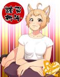  ahoge animal_ears blonde_hair brown_eyes chinese_zodiac dog dog_ears looking_at_viewer pillow short_hair signature smile solo thighs translation_request 