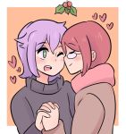  2girls artist_request blush cheek_kiss christmas closed_eyes croix_meridies hug kiss little_witch_academia mistletoe multiple_girls one_eye_closed sweater ursula_charistes yuri 