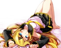  1girl armpits arms_up bangs bare_legs barefoot bed_sheet black_skirt blonde_hair blue_eyes blush collarbone detached_sleeves hair_ornament hairclip highres kagamine_rin knees_up legs_together long_hair long_sleeves looking_at_viewer lying miniskirt nail_polish neckerchief older on_back pleated_skirt project_diva_(series) shirt simple_background skirt solo swept_bangs tareme tsukishiro_saika vocaloid white_background white_shirt yellow_nails yellow_neckwear 