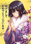  1girl black_hair brown_eyes floral_print flower haguro_(kantai_collection) hair_flower hair_ornament japanese_clothes jewelry kantai_collection kimono looking_at_viewer makka_na_kedamono new_year obi praying ring sash short_hair smile wedding_ring wide_sleeves 