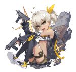  1girl asymmetrical_legwear bandanna black_legwear bright_pupils dark_skin dark_skinned_male detached_sleeves fang flat_chest full_body girls_frontline green_eyes gun hair_between_eyes hair_ornament head_tilt klin_(girls_frontline) knee_pads kylin looking_at_viewer midriff open_mouth pinky_out shell_casing shoes short_hair short_ponytail short_shorts shorts simple_background sitting sleeves_past_wrists sneakers solo strapless submachine_gun thigh-highs thigh_strap trigger_discipline tubetop weapon white_background 