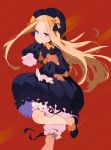  1girl abigail_williams_(fate/grand_order) absurdres aruterra black_bow black_dress black_footwear black_hat black_ribbon bloomers bow butterfly dress fate/grand_order fate_(series) hair_bow hat highres holding holding_stuffed_animal leg_up long_hair looking_at_viewer object_hug orange_bow polka_dot polka_dot_bow red_background ribbon solo stuffed_animal stuffed_toy teddy_bear underwear very_long_hair white_bloomers 