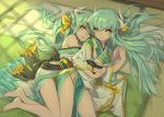  2girls bow breasts fate/grand_order fate_(series) green_hair hair_bow horns hug hug_from_behind japanese_clothes kiyohime_(fate/grand_order) long_hair looking_at_viewer multiple_girls pota_(bluegutty) smile solo yellow_eyes 