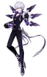  1boy add_(elsword) black_gloves black_pants black_shirt choker clenched_hand elsword full_body gloves grin highres hwansang looking_at_viewer lunatic_psyker_(elsword) male_focus messy_hair official_art pants popped_collar shirt shoes silver_hair smile solo violet_eyes 