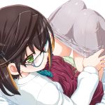  1girl blouse blue-framed_eyewear blue_neckwear blush bow bowtie breasts brown_hair closed_mouth commentary_request dd_(ijigendd) dress eyebrows_visible_through_hair glasses green_eyes green_panties grey_legwear hair_ornament kantai_collection knees_together_feet_apart looking_at_viewer okinami_(kantai_collection) panties pantyhose pantyhose_pull polka_dot polka_dot_panties pulled_by_self purple_dress short_hair simple_background sitting sleeveless sleeveless_dress small_breasts solo underwear white_background white_blouse 