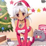  1girl :3 :d =_= all_fours alternate_color_school_swimsuit animal animal_between_breasts animal_on_head bangs bare_shoulders between_breasts black_choker blush bowl breasts cat cat_on_head christmas christmas_ornaments christmas_tree cleavage closed_eyes collarbone copyright_name dark_elf elbow_gloves elf eyebrows_visible_through_hair fur-trimmed_gloves fur-trimmed_hat fur-trimmed_legwear fur_trim gloves hat indoors kerberos_blade large_breasts long_hair milk name_tag on_head one-piece_swimsuit open_mouth parted_bangs pointy_ears polka_dot red_eyes red_gloves red_hat red_legwear red_swimsuit santa_hat school_swimsuit silver_hair smile solo star stuffed_animal stuffed_cat stuffed_toy swimsuit thigh-highs yuyumatsu 