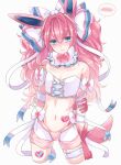  1boy animal_ears asame21 bare_shoulders blue_eyes bow gloves hair_bow long_hair looking_at_viewer midriff navel personification pink_gloves pink_hair pokemon ribbon solo standing sylveon thigh_strap trap white_bow 