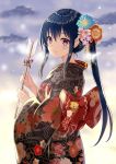  1girl arrow bangs bell black_kimono blue_flower blue_hair blurry blurry_background blush bow clouds cloudy_sky depth_of_field eyebrows_visible_through_hair floral_print flower from_side hair_flower hair_ornament hamaya harimoji highres holding japanese_clothes jingle_bell kimono large_bow long_hair long_sleeves looking_at_viewer looking_to_the_side motion_blur obi original outdoors pink_flower print_kimono red_bow red_flower red_ribbon ribbon sash sidelocks sky snowing solo upper_body violet_eyes wide_sleeves yukata 