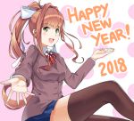  1girl 2018 :d arms_up bangs black_legwear blue_skirt blush bow breasts brown_hair brown_jacket collared_shirt doki_doki_literature_club eyebrows_visible_through_hair facing_to_the_side green_eyes hair_bow happy_new_year j@ck jacket long_hair looking_at_viewer medium_breasts monika_(doki_doki_literature_club) new_year open_mouth orange_vest outstretched_arm pleated_skirt ponytail ribbon school_uniform shirt sidelocks skirt smile solo thigh-highs white_bow zettai_ryouiki 