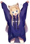  &gt;:d 1girl animal_ears animal_print arms_up bangs blonde_hair blue_eyes blunt_bangs claw_pose fangs fish_print hood hood_down hoodie legs_apart long_hair naked_hoodie original oversized_clothes shugao very_long_hair 