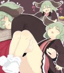  +++ 1girl animal_ears bare_legs brown_background carrying closed_eyes commentary_request dress drooling feet green_hair highres kasodani_kyouko kotatsu laughing lolimate multiple_views no_shoes open_mouth pink_dress princess_carry short_dress simple_background sleeping socks solo_focus table touhou white_legwear 