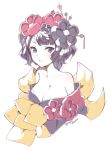  1girl bare_shoulders black_hair blue_eyes breasts cleavage commentary_request fate/grand_order fate_(series) flower hair_flower hair_ornament hairpin japanese_clothes katsushika_hokusai_(fate/grand_order) kimono looking_at_viewer makaroni_(yudejiru) medium_breasts off_shoulder short_hair sketch smile solo twitter_username upper_body 