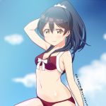  1girl alternate_hairstyle arm_up bangs bikini blue_hair blush breasts cleavage commentary_request hair_between_eyes long_hair looking_at_viewer love_live! love_live!_school_idol_project medium_breasts midriff navel ponytail red_bikini ribbon scrunchie simple_background skull573 smile solo sonoda_umi swimsuit yellow_eyes 
