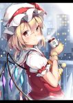  1girl bangs blonde_hair blush breath cityscape closed_mouth crystal eyebrows_visible_through_hair flandre_scarlet frilled_sleeves frills from_side hair_between_eyes hat hat_ribbon heart heart_print holding letterboxed looking_to_the_side mittens mob_cap motion_blur outdoors pom_pom_(clothes) puffy_short_sleeves puffy_sleeves railing red_eyes red_ribbon red_shirt ribbon sailor_collar shiero. shirt short_sleeves smile snowing solo tareme touhou upper_body white_hat wings yellow_mittens 