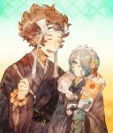  1boy 1girl asama_(fire_emblem_if) blue_hair brown_hair calligraphy_brush fire_emblem fire_emblem_if fur_collar holding holding_brush paintbrush setsuna_(fire_emblem_if) shourou_kanna smile spiky_hair 