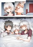  1boy 2girls closed_eyes comic eyebrows_visible_through_hair faceless faceless_male family fate/grand_order fate_(series) father_and_daughter fujimaru_ritsuka_(male) ginhaha husband_and_wife jeanne_d&#039;arc_(alter)_(fate) jeanne_d&#039;arc_(fate)_(all) lipstick_mark mother_and_daughter multiple_boys multiple_girls shared_blanket short_hair silent_comic silver_hair sleeping yellow_eyes 
