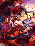  1girl bangs black_hair character_name day fingernails floral_print flower from_side fur_trim furyou_michi_~gang_road~ hair_flower hair_ornament highres holding japanese_clothes kimono long_hair long_sleeves looking_at_viewer looking_to_the_side obi official_art oriental_umbrella outdoors parted_lips ponytail red_eyes red_flower red_kimono red_rose rose sakiyamama sash solo umbrella very_long_hair watermark wide_sleeves 