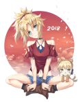  2018 2girls afterimage ahoge animal_costume ankle_boots artoria_pendragon_(all) bangs bare_shoulders black_legwear black_panties blonde_hair blush_stickers boots bracelet breasts brown_footwear buckle cleavage closed_mouth collar collarbone dog_costume earrings fate/grand_order fate_(series) fringe full_body green_eyes hair_ornament hair_scrunchie head_tilt indian_style jewelry looking_at_viewer medium_breasts minigirl mordred_(fate) mordred_(fate)_(all) motion_lines multiple_girls navel open_fly panties panty_peek parted_bangs petals ponytail red_shirt saber scrunchie shirt short_sleeves shoulder_cutout sitting smile socks spiked_bracelet spikes tail_wagging tonee underwear 