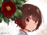  1girl alternate_costume blurry blush closed_mouth commentary depth_of_field eriaru eyebrows_visible_through_hair flower hair_between_eyes japanese_clothes kantai_collection kimono leaf looking_at_viewer mutsuki_(kantai_collection) red_eyes red_flower redhead short_hair smile solo twitter_username upper_body white_kimono 