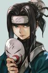  1boy androgynous black_hair ears_visible_through_hair forehead_protector grey_eyes hair_tubes haku_(naruto) hankuri headband long_hair looking_at_viewer male_focus mask mask_removed multicolored multicolored_clothes naruto open_eyes simple_background solo upper_body 