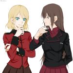  2girls alternate_hairstyle arm_behind_back blonde_hair blue_eyes breasts brown_eyes brown_hair darjeeling dark_skin girls_und_panzer hand_on_own_chin kuromorimine_military_uniform long_hair medium_breasts multiple_girls nishizumi_maho red_skirt short_hair skirt st._gloriana&#039;s_military_uniform sundebris white_background 