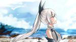  1girl armpit_peek arms_at_sides bangs bare_shoulders black_jacket black_ribbon blue_sky blurry blush bow breasts brown_eyes clouds cloudy_sky depth_of_field dock eyebrows_visible_through_hair five-seven_(girls_frontline) floating_hair frilled_shirt_collar frills from_side girls_frontline hair_ornament hair_ribbon harbor highres jacket jewelry large_breasts lens_flare light_particles long_hair looking_up mango_(mgo) mountain ocean off_shoulder open_mouth outstretched_hand parted_lips ponytail ribbon shirt sidelocks silver_hair sky sleeveless sleeveless_shirt smile solo sunlight very_long_hair white_shirt wind yellow_eyes 