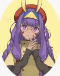  1girl animal_ears bangs beret bespectacled buttons casual closed_mouth dark_skin eyebrows_visible_through_hair eyelashes facial_mark fate/grand_order fate_(series) glasses hairband hat heart highres hrmnas light_particles long_hair long_sleeves medjed nail_polish nitocris_(fate/grand_order) purple_hair rabbit_ears red_hat red_nails sidelocks sleeves_past_wrists smile solo two-tone_hairband upper_body very_long_hair violet_eyes whisker_markings yellow_background yellow_coat 