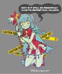  blue_hair bow caution_tape crazy crazy_eyes crazy_smile english eyes kneeling ko-on_(ningen_zoo) lobotomy_corporation long_hair magical_girl queen_of_hatred signature staff very_long_hair yellow 