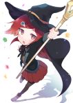  1girl bow cape dangan_ronpa flower hair_ornament hairclip hat highres holding holding_staff new_dangan_ronpa_v3 open_mouth pantyhose pleated_skirt redhead short_hair skirt smile staff witch_hat yumeno_himiko yuuma_(yuma1111) 