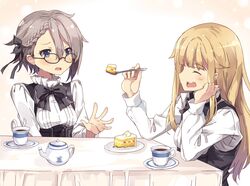  2girls ange_(princess_principal) blonde_hair blue_eyes blush cake cup food highres long_hair looking_at_viewer multiple_girls normaland plate princess_(princess_principal) princess_principal saucer school_uniform short_hair sitting smile table tea teacup teapot tray 