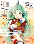  1girl 2018 alternate_costume azuma_aya chinese_clothes fangs green_eyes green_hair horn komano_aun long_hair looking_at_viewer new_year open_mouth paw_pose shorts smile solo touhou 