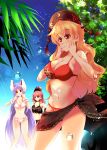  3girls animal_ears bare_legs bikini black_bikini blonde_hair blue_sky breasts bubble choker cleavage clothes_writing commentary_request crescent fengguan front-tie_top hands_on_own_cheeks hands_on_own_face hat heart hecatia_lapislazuli highres junko_(touhou) large_breasts long_hair looking_at_another medium_hair multiple_girls navel open_mouth orange_eyes outdoors parted_lips plant polos_crown purple_hair rabbit_ears red_bikini red_eyes redhead reisen_udongein_inaba sarong sky standing sunlight swimsuit tassel touhou usuusu very_long_hair wavy_hair white_bikini wrist_cuffs 