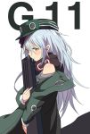  1girl assault_rifle bangs bare_shoulders beret blush breasts brown_eyes bullpup character_name closed_mouth coat collared_coat eyebrows_visible_through_hair eyes_visible_through_hair from_side g11 g11_(girls_frontline) girls_frontline green_coat grey_shirt gun hair_between_eyes hat heckler_&amp;_koch highres holding holding_gun holding_weapon jacket long_hair long_sleeves looking_at_viewer magazine_(weapon) off_shoulder open_clothes open_coat rifle scarf scarf_on_head shirt silver_hair simple_background solo tareme ururu very_long_hair weapon white_background 