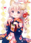  1girl 2018 :3 :d ahoge animal_ears artist_name bangs beads blue_kimono blush bone_hair_ornament brown_eyes commentary_request dog_ears eyebrows_visible_through_hair floral_print flower hair_beads hair_between_eyes hair_flower hair_ornament happy_new_year heart japanese_clothes kimono light_brown_hair long_hair looking_at_viewer low-tied_long_hair new_year obi open_mouth original paw_pose print_kimono red_flower sash signature smile solo sparkle spoken_heart translated usashiro_mani very_long_hair 