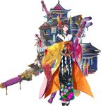  1girl :d alternate_costume architecture bangs black_hair blunt_bangs castle east_asian_architecture eyebrows_visible_through_hair full_body hair_ornament hairband highres holding_arrow japanese_clothes kimono kumamoto_castle_(oshiro_project) looking_at_viewer official_art open_mouth oshiro_project oshiro_project_re shachihoko smile solo transparent_background violet_eyes wide_sleeves zounose 