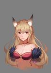  1girl absurdres animal_ears bangs bare_shoulders bell blonde_hair breasts bustier choker cleavage closed_mouth ertw_lin fur_trim highres jingle_bell jpeg_artifacts long_hair looking_at_viewer medium_breasts original pink_lips red_eyes sketch solo strapless upper_body 