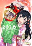  2018 4girls :3 ahoge akebono_(kantai_collection) alternate_costume black_hair blush brown_hair chibi commentary_request fan flower hair_bobbles hair_flower hair_ornament japanese_clothes kantai_collection kimono long_hair looking_at_viewer multiple_girls nengajou new_year oboro_(kantai_collection) pink_hair purple_hair sazanami_(kantai_collection) shishimai short_hair side_ponytail sumeragi_hamao tearing_up twintails ushio_(kantai_collection) violet_eyes 