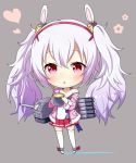  1girl :o animal_ears azur_lane bangs blush camisole cannon chibi commentary_request eyebrows_visible_through_hair full_body fur-trimmed_jacket fur_trim grey_background hair_between_eyes hair_ornament hairband heart highres holding jacket kyuujou_komachi laffey_(azur_lane) long_hair long_sleeves off_shoulder parted_lips pink_jacket pleated_skirt rabbit_ears red_eyes red_footwear red_hairband red_skirt searchlight silver_hair skirt solo strap_slip thigh-highs torpedo turret twintails very_long_hair white_camisole white_legwear 