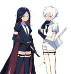  absurdres androgynous antarcticite belt black_eyes black_hair blue_eyes bort earrings elbow_gloves garters gem_uniform_(houseki_no_kuni) gloves highres houseki_no_kuni jewelry long_hair looking_at_viewer necktie short_hair shorts sparkle sword thigh-highs uniform very_long_hair weapon white_background white_hair 