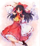  1girl black_footwear black_hair blue_eyes bow dress eyebrows_visible_through_hair hakurei_reimu long_hair momiji_mao multicolored multicolored_clothes multicolored_dress open_mouth patterned_background scarf shiny shiny_hair solo stick touhou white_legwear yellow_scarf 