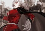  1girl bandage_over_one_eye belt blood blood_on_face coat fate/grand_order fate_(series) florence_nightingale_(fate/grand_order) gloves jacket_on_shoulders pink_hair red_coat red_eyes ruins smoke white_gloves 