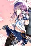  1girl belt beret black_legwear blush cherry_blossoms depth_charge gun hadron9 hair_ornament hat highres kantai_collection looking_at_viewer navel open_mouth petals purple_hair school_uniform solo thigh-highs tsushima_(kantai_collection) weapon yellow_eyes 